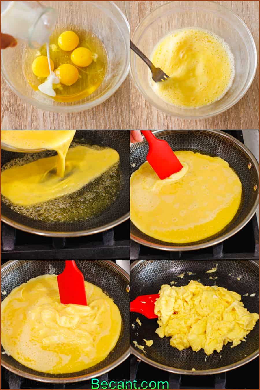 Collage de photos montrant comment préparer des œufs brouillés dans une poêle.