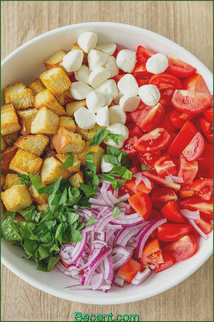 Ingrédients de la salade Panzanella dans un bol avec du pain grillé, des tomates, du basilic, des oignons et du fromage
