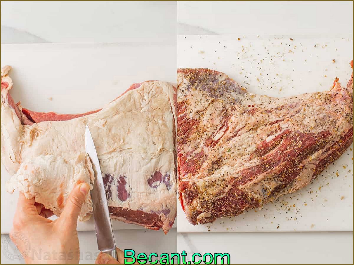 Photos côte à côte montrant comment retirer la graisse d'un rôti à trois pointes et assaisonner le bœuf.