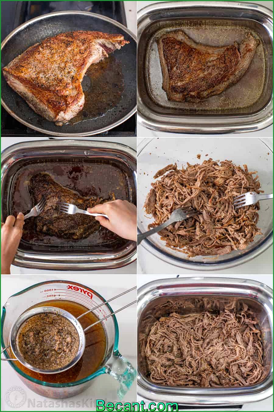 Collage de photos montrant le processus de cuisson du bœuf râpé dans la mijoteuse.