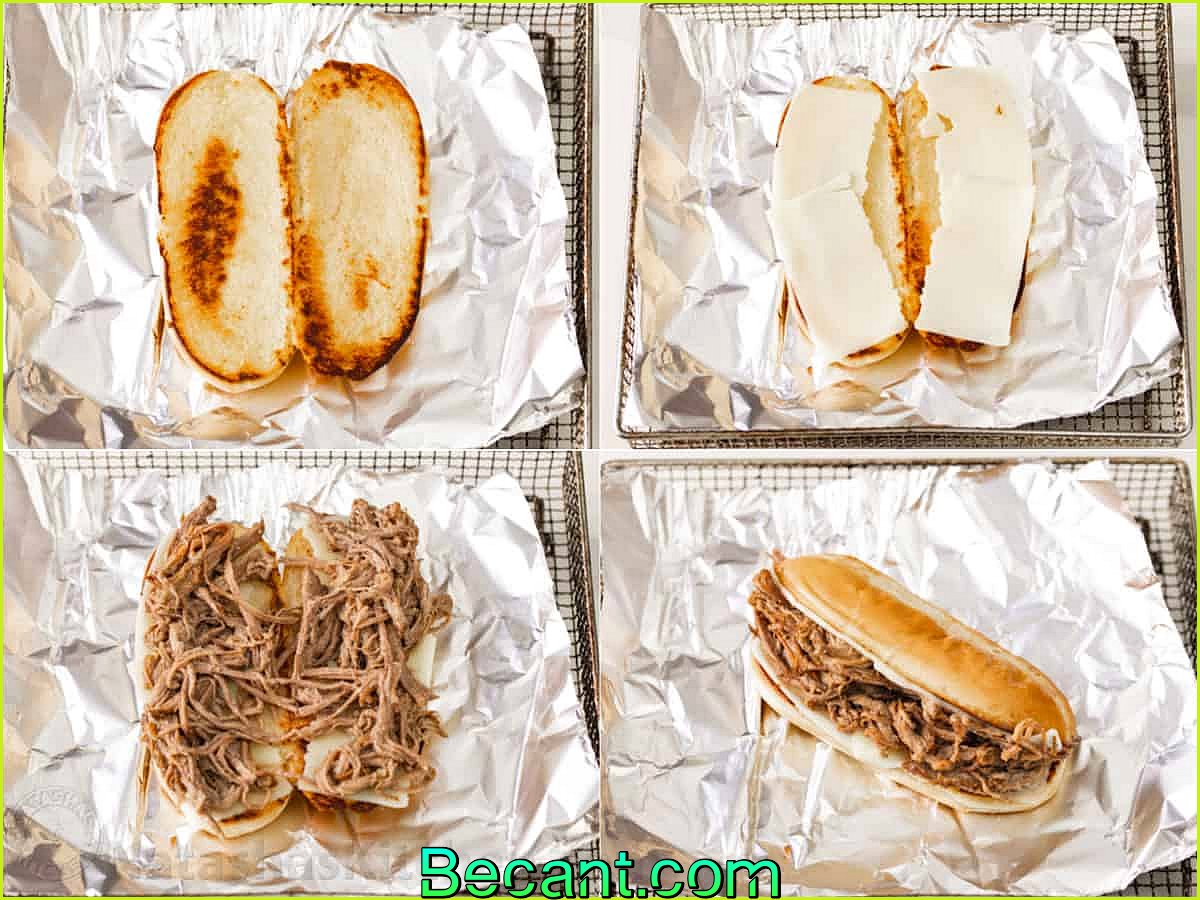 Collage de photos montrant comment assembler un sandwich au bœuf râpé sur un petit pain hoagie.