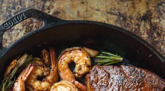 Surf and turf cooked in skillet with rosemary garlic butter